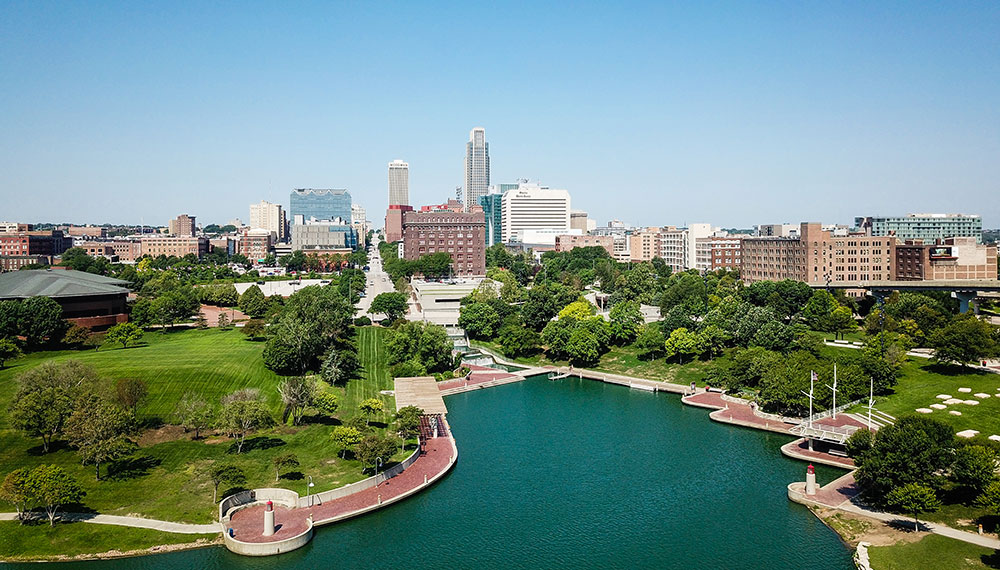 omaha aerial view with a lake view and buildings