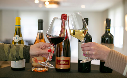 two people toasting wine glasses with wine bottles in the background